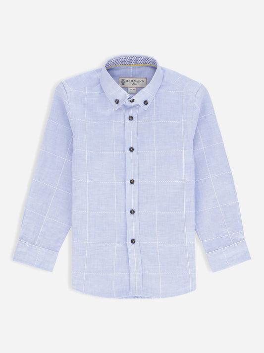 Blue Linen Checkered Long Sleeve Casual Shirt Brumano Pakistan