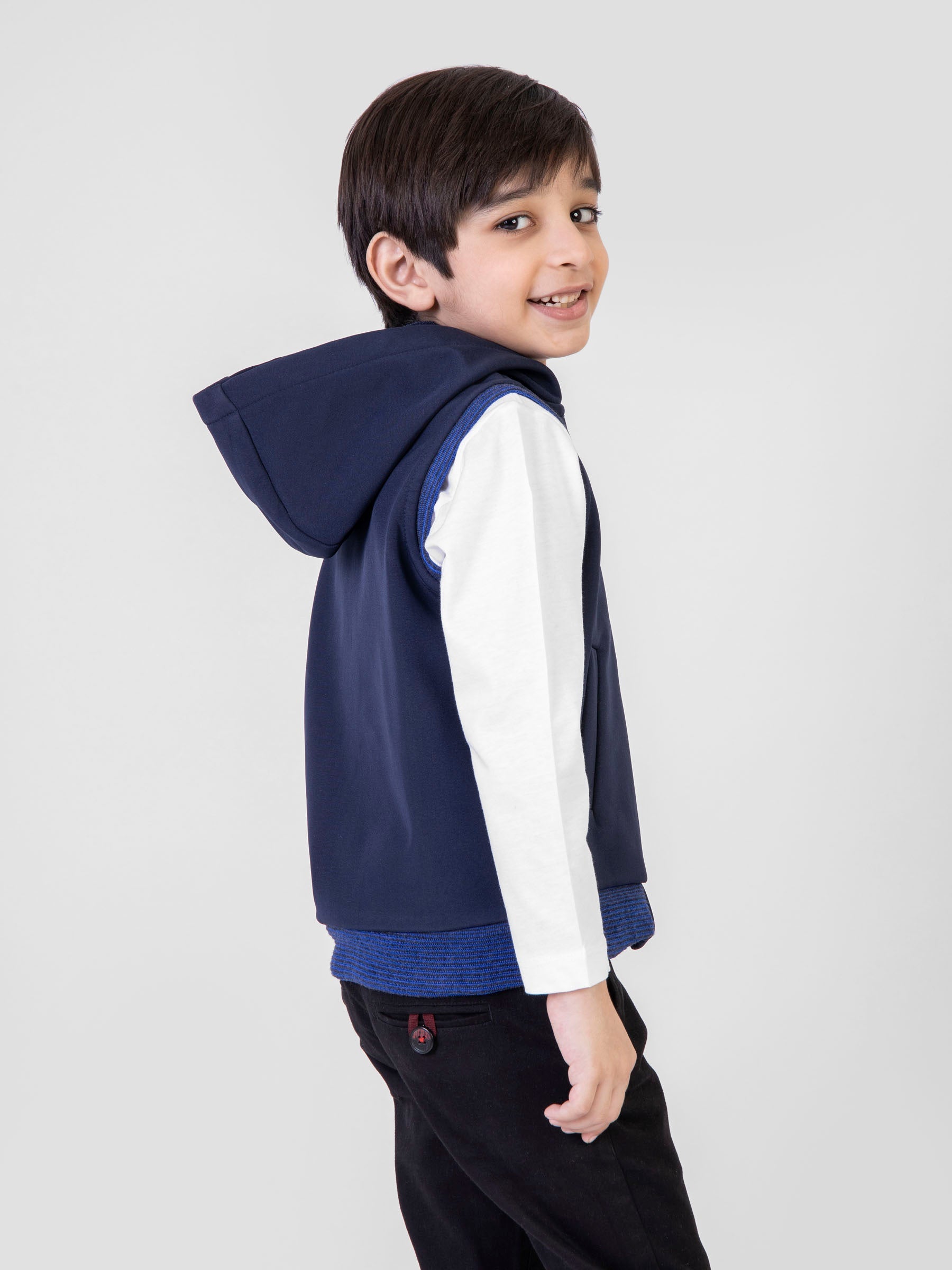 Blue Sleeveless Casual Zipper Jacket With Hood Brumano Pakistan