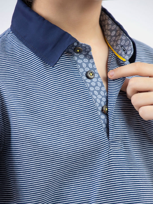 Blue Striped Casual Polo With Navy Blue Collar Brumano Pakistan