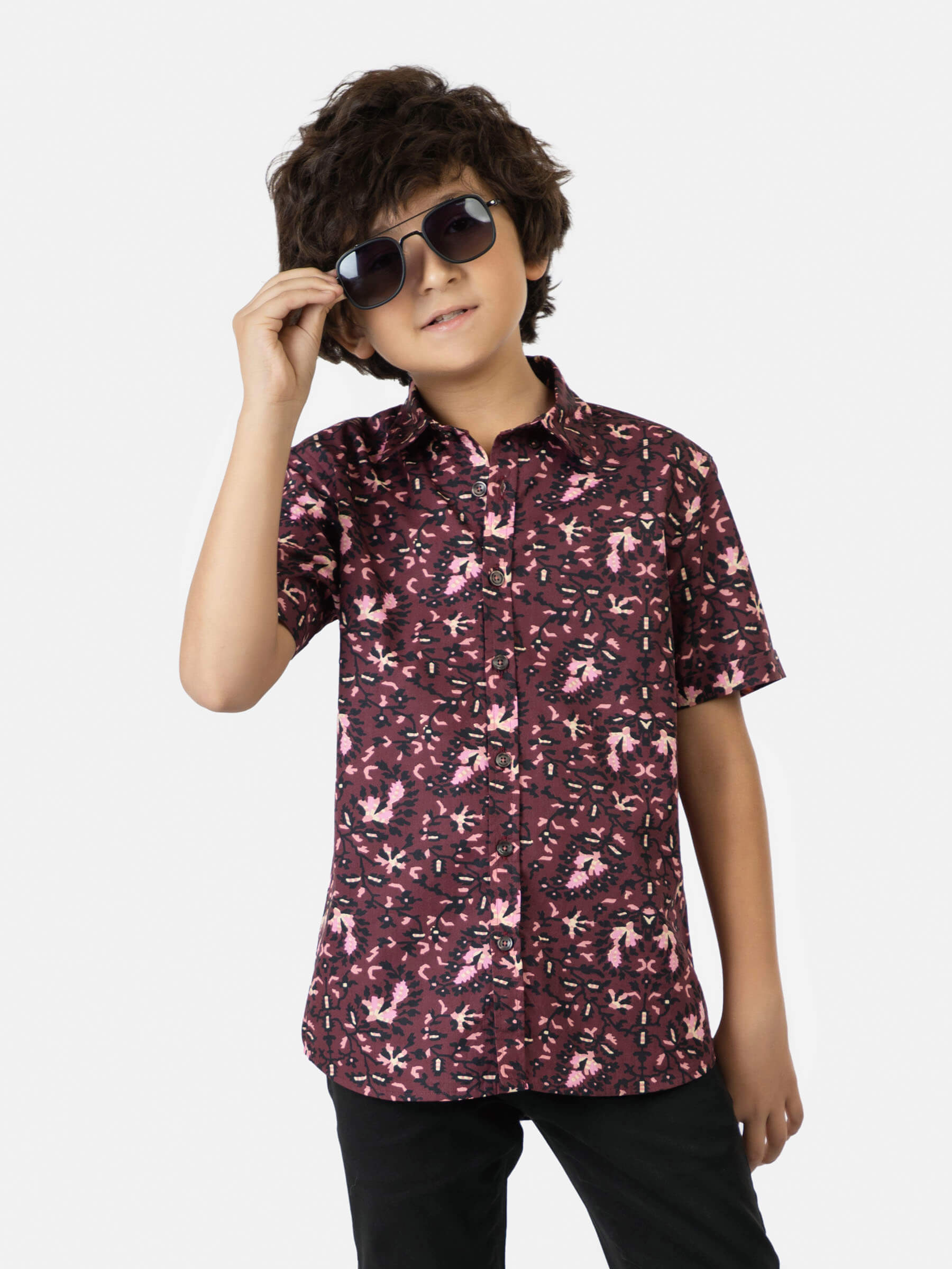 Burgundy & Black Floral Printed Short Sleeve Casual Shirt Brumano Pakistan