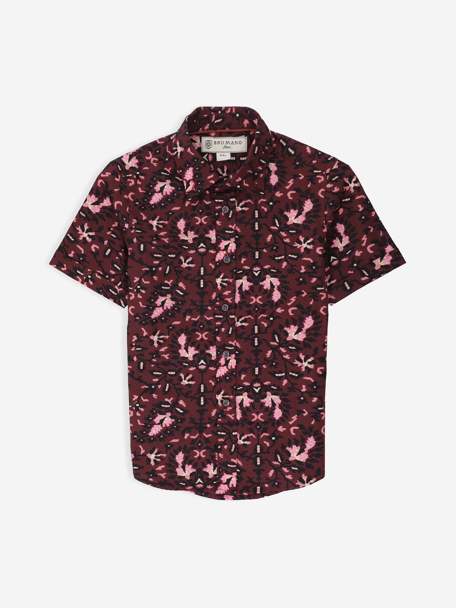 Burgundy & Black Floral Printed Short Sleeve Casual Shirt Brumano Pakistan