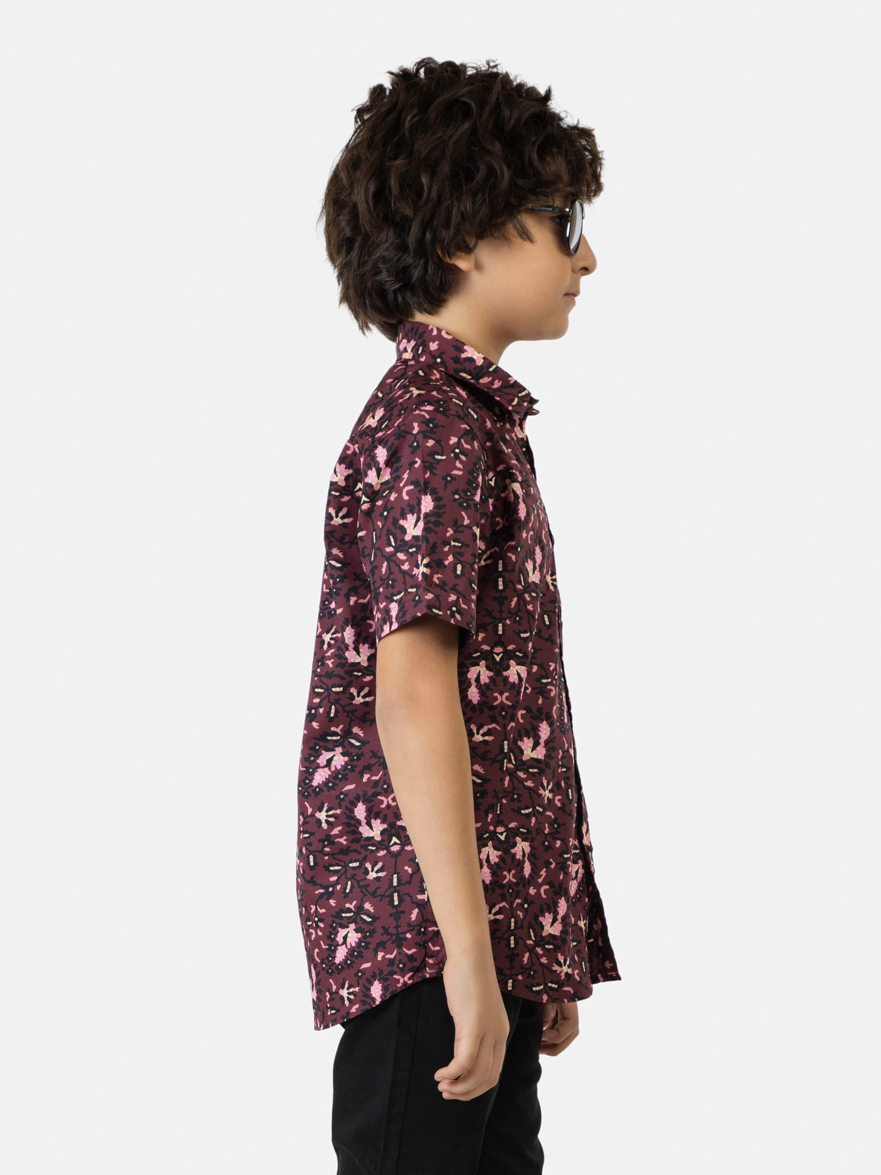 Burgundy & Black Floral Printed Short Sleeve Casual Shirt Brumano Pakistan