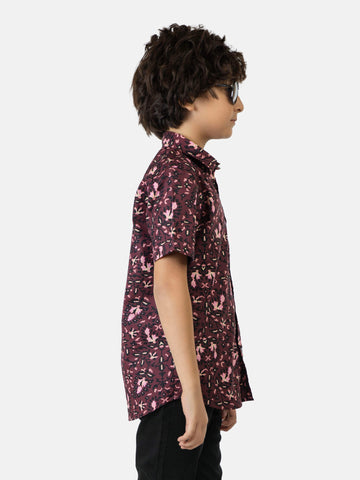 Burgundy & Black Floral Printed Short Sleeve Casual Shirt Brumano Pakistan