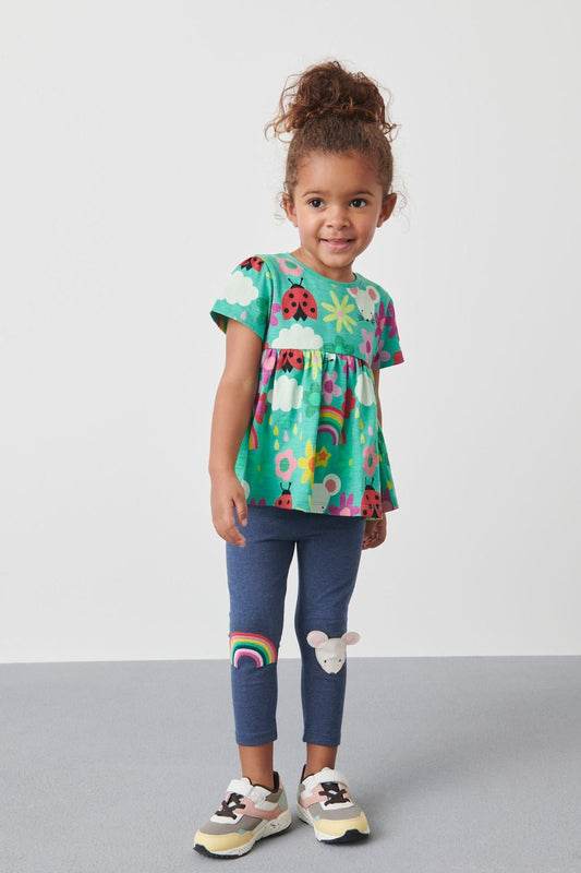 Blue Denim Rainbow Mouse Embroidered Leggings