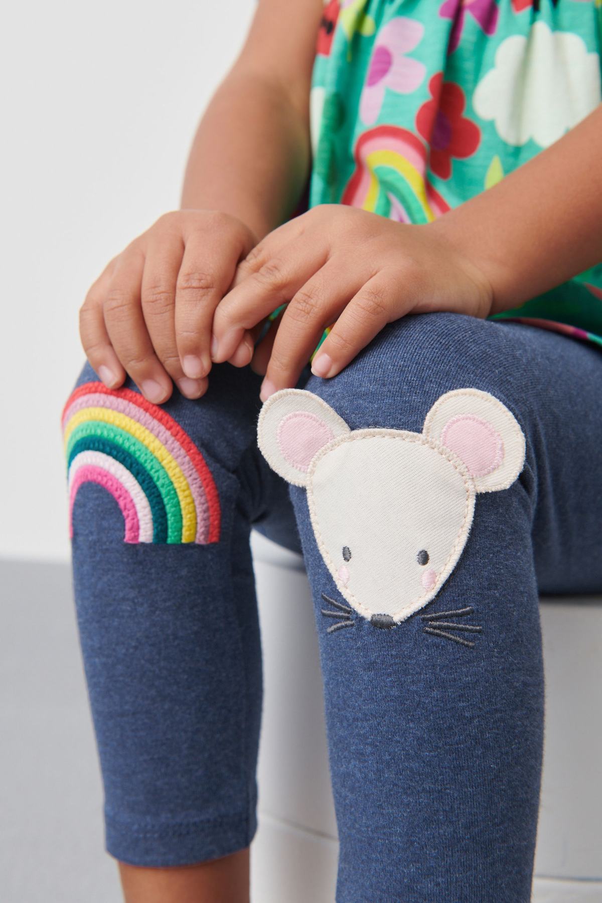 Blue Denim Rainbow Mouse Embroidered Leggings NEXT UK