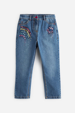 Blue Sequin Embellished Mom Jeans