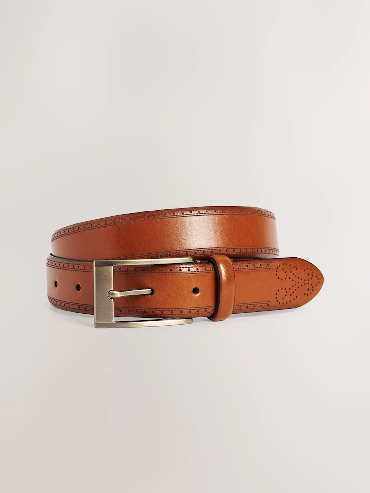 Tan Brown Signature Leather Brogue Belt Made In Italy