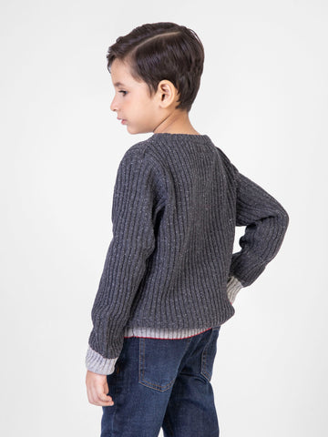 Charcoal Ribbed Crew Neck Jumper With Red Tipping Brumano Pakistan