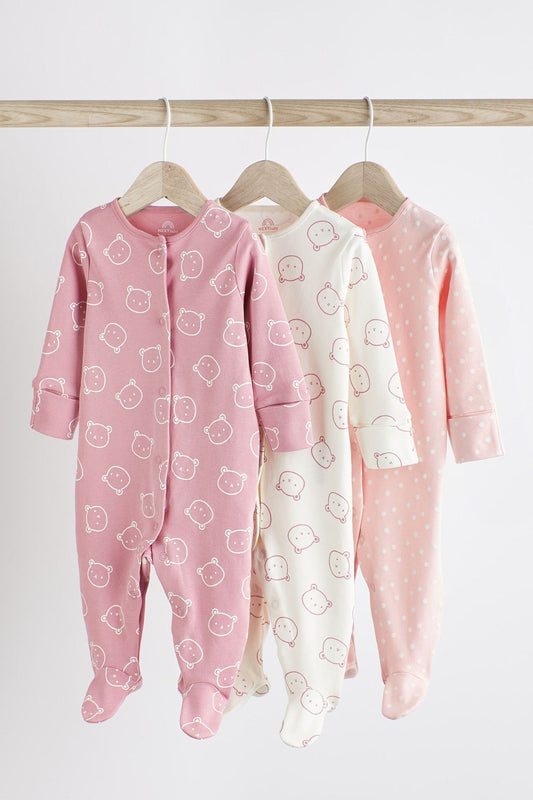 Pink Cotton Baby Sleepsuits 3 Pack