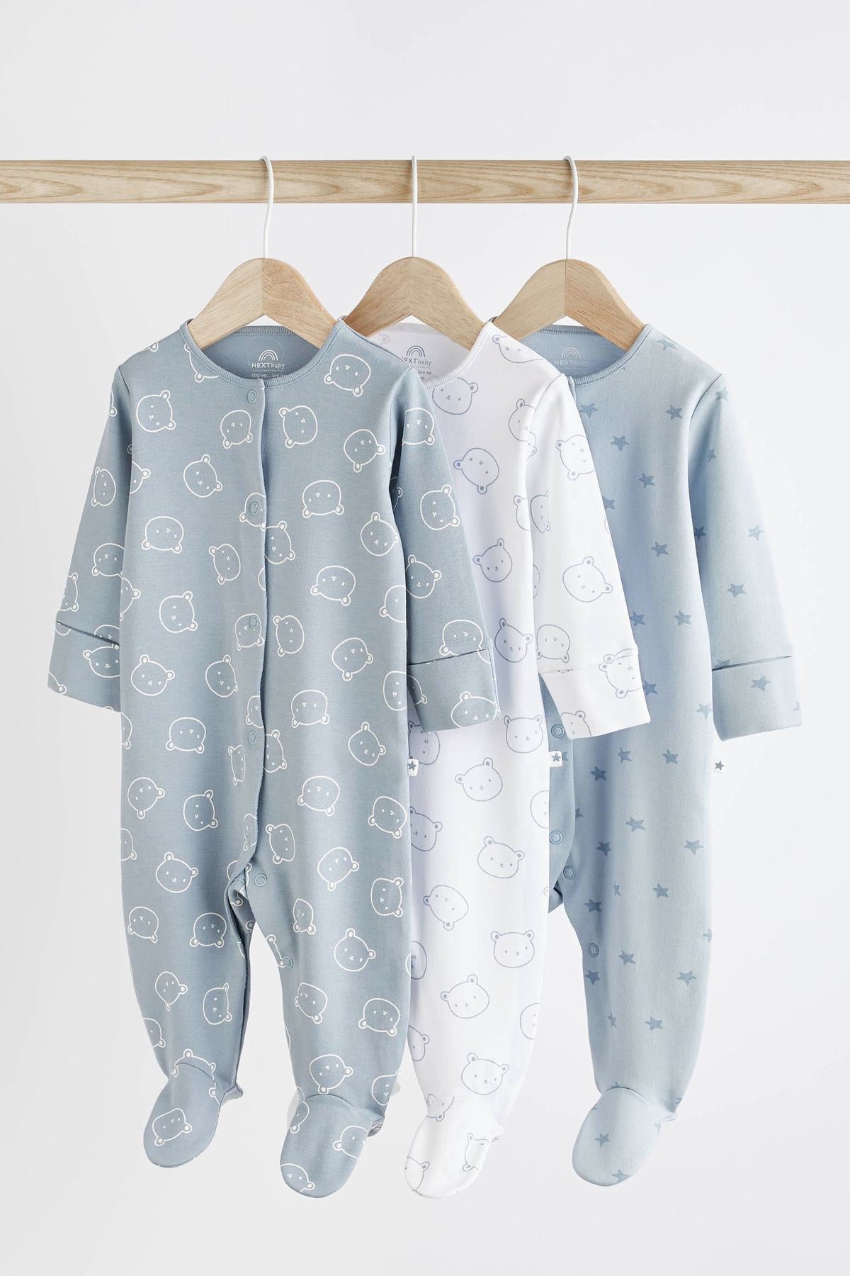 Blue 3 Pack Cotton Baby Sleepsuits NEXT UK