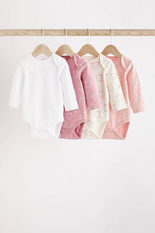 Pink/White Bear Baby Long Sleeve Bodysuits 4 Pack