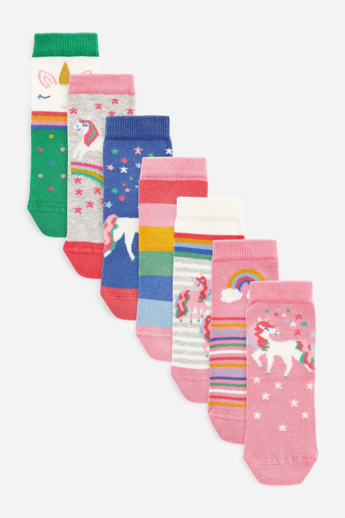 Pink 7 Pack Unicorn Cotton Rich Ankle Socks