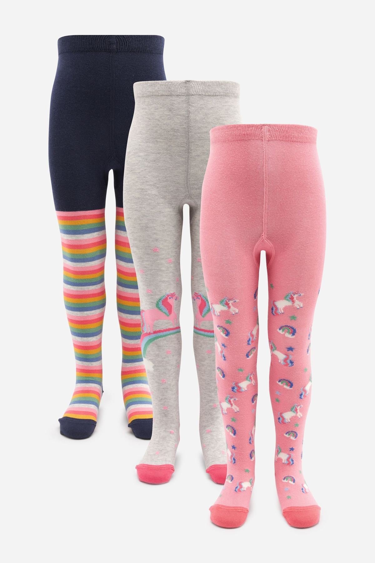 Blue, Pink And Grey 3 Pack Cotton Rich Unicorn Tights