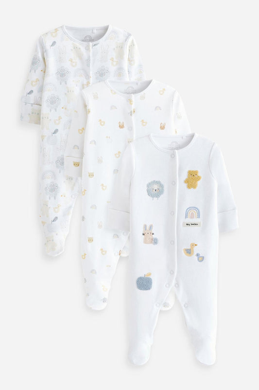 Delicate Appliqué Baby Sleepsuits 3 Pack