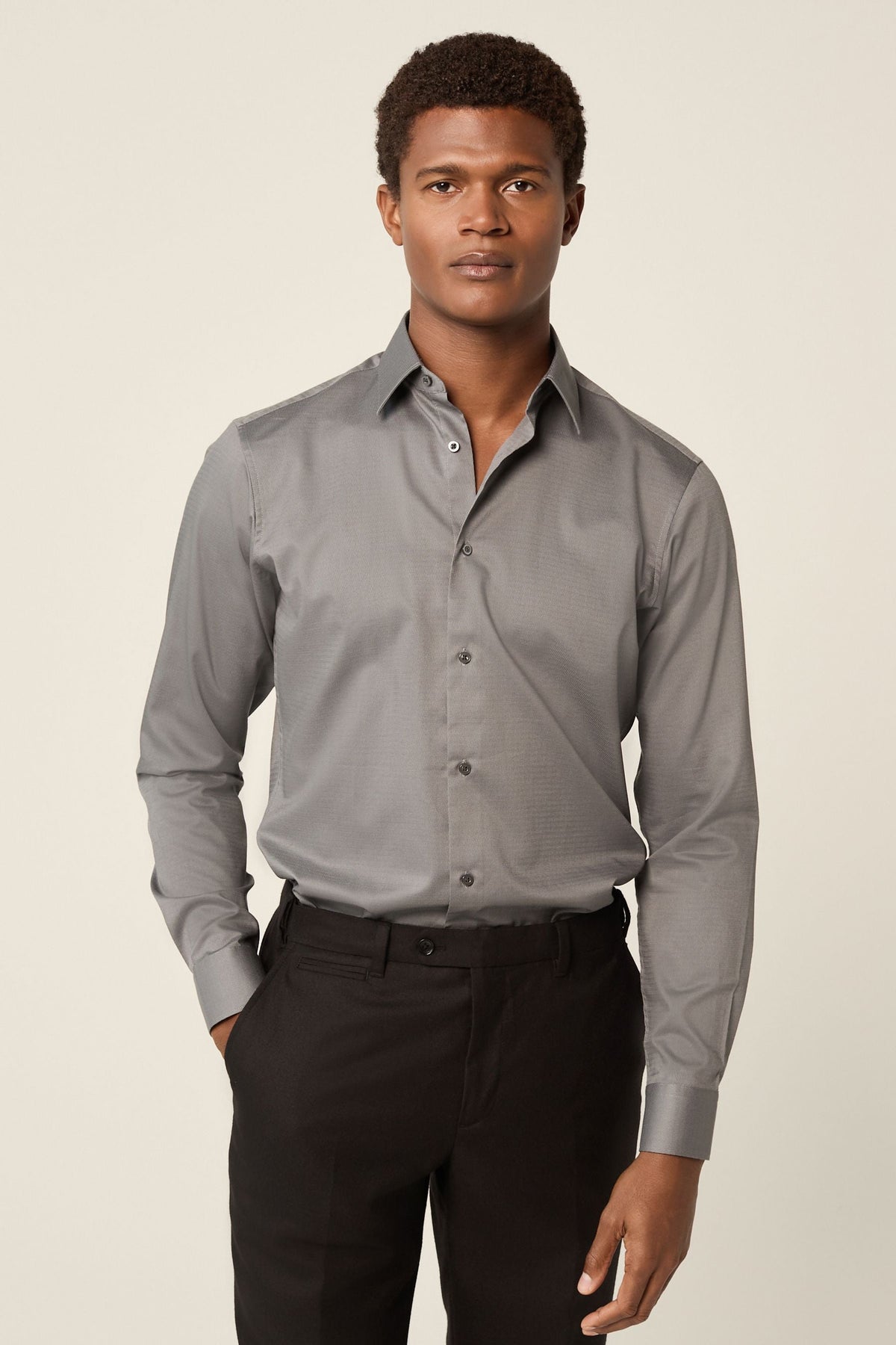 Dark Grey Slim Fit Easy Care Textured Single Cuff Smart Shirt