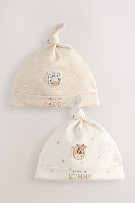 NEXT - Neutral I Love My Mummy/Daddy Baby Tie Top Hats 2 Pack (0-6mths)
