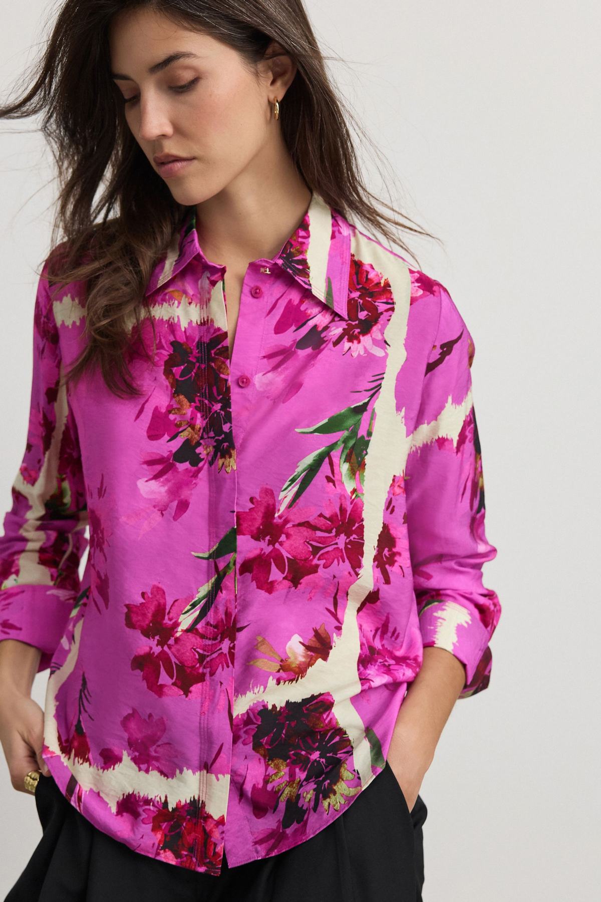 Pink Floral Print Long Sleeve Button Down Shirt