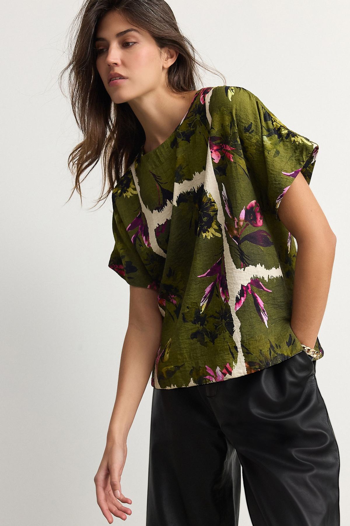 Green Floral Print Textured Boxy T-Shirt