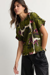 Green Floral Print Textured Boxy T-Shirt