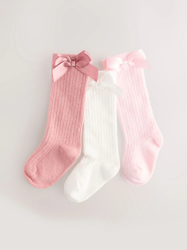 Pink Knee High Bow Baby Sock 3 Pack (0mths-2yrs)