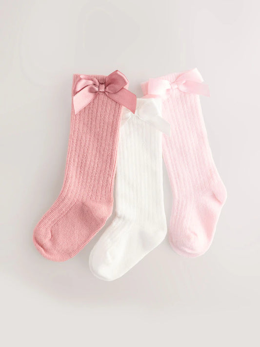 Pink Knee High Bow Baby Sock 3 Pack (0mths-2yrs)
