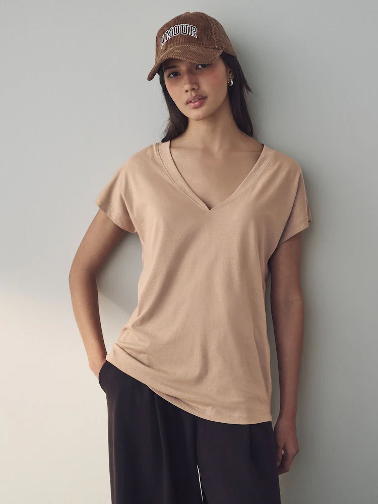 Beige V-Neck Cap Sleeve T-Shirts