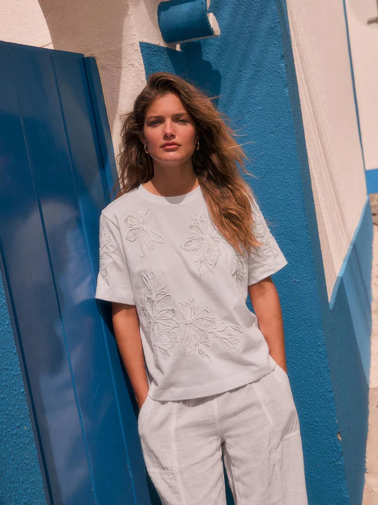 White Floral Print Embellished T-Shirt