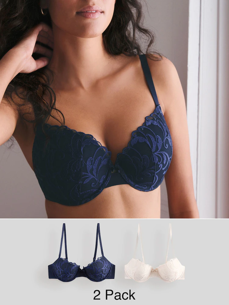 Navy/Cream Push Up Pad Balcony A-E Embroidered Bras 2 Pack