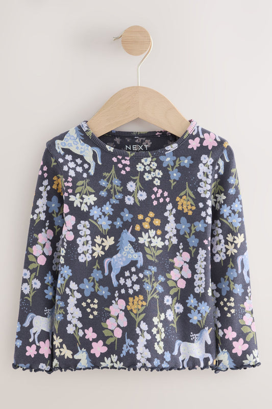 NEXT - Navy Floral Unicorn Print Long Sleeve Ribbed T-Shirt (3mths-7yrs)