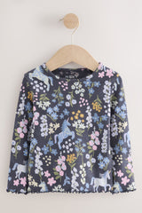 NEXT - Navy Floral Unicorn Print Long Sleeve Ribbed T-Shirt (3mths-7yrs)