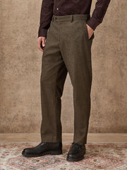 Khaki Green Herringbone Regular Fit Smart Brushed Cotton Trousers