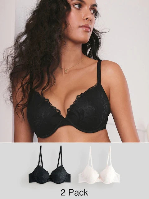 Black/Cream Pad Plunge Embroidered Bras 2 Pack