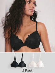 Black/Cream Pad Plunge Embroidered Bras 2 Pack