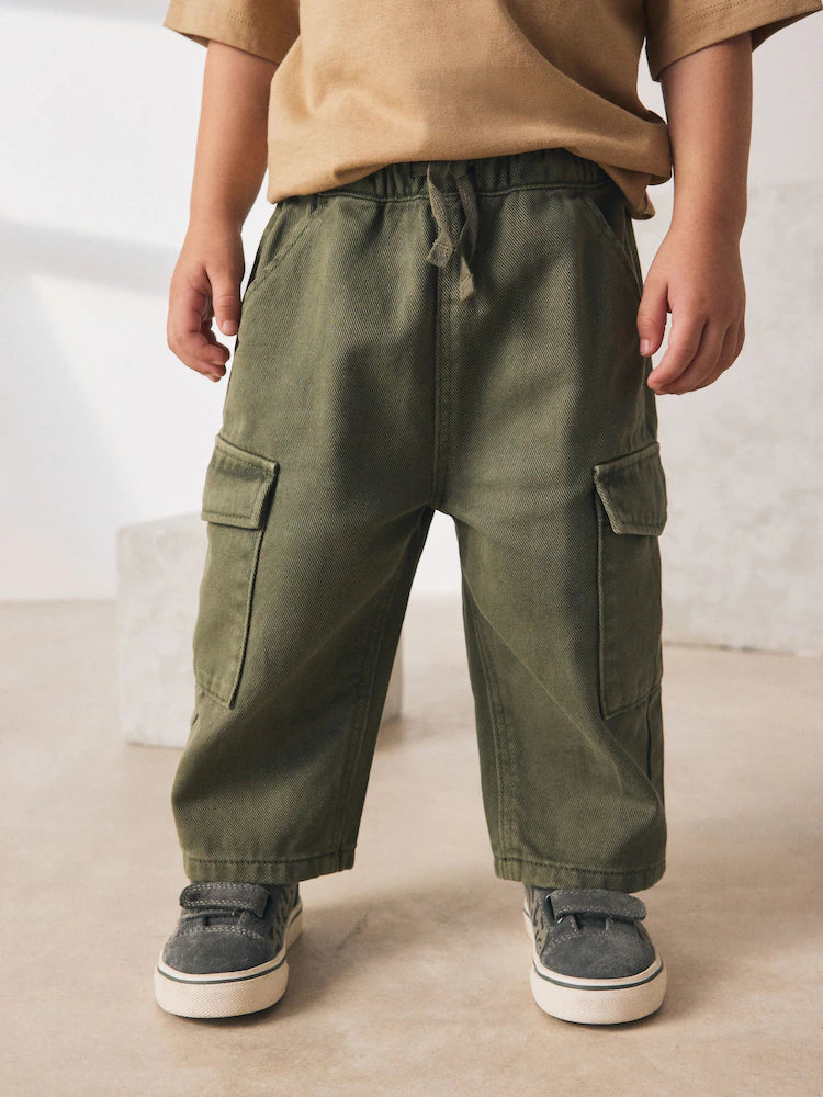 Khaki Green Washed Wide Leg Cargo Trousers (3mths-7yrs)