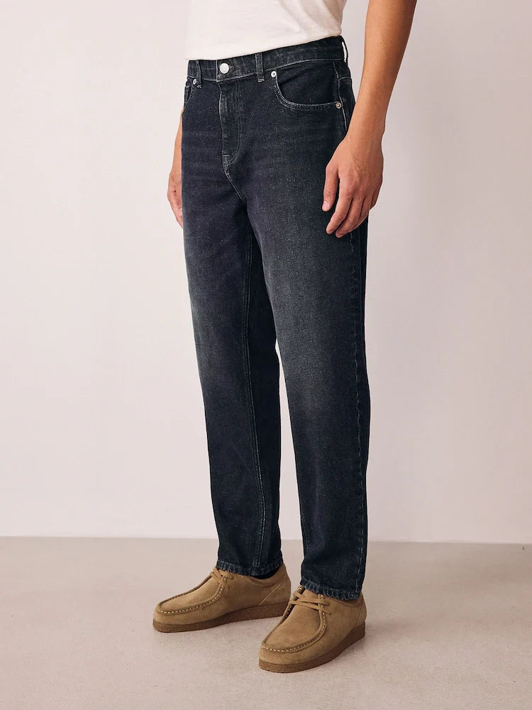 Black Regular Tapered Fit Vintage Wash Denim Jeans