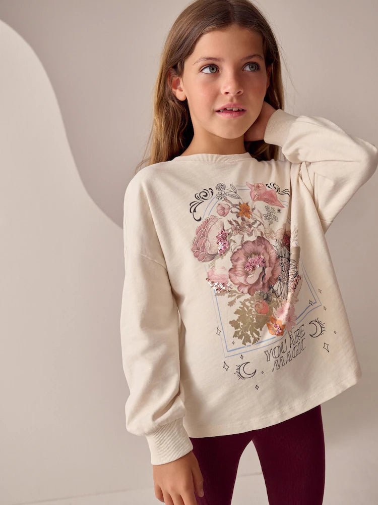 NEXT - NCNOI-Jersey Tops-Ecru Floral Sequin Long Sleeve