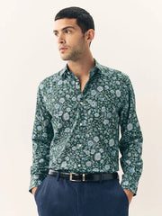 Dark Green Ditsy Regular Fit Long Sleeve Print Shirt