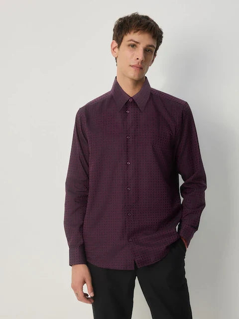 Burgundy Red Regular Fit Geometric Print Long Sleeve Smart Shirt