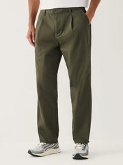 Olive Green Regular Tapered Fit Single Pleated Stretch Chinos Trousers
