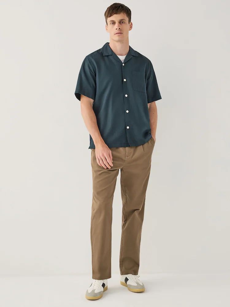 Tan Brown Regular Tapered Fit Single Pleated Stretch Chinos Trousers
