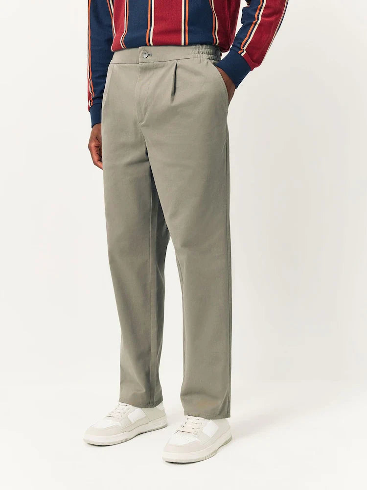 Clay Straight Fit Pleated Stretch Chinos Trousers With Elasticated Waist