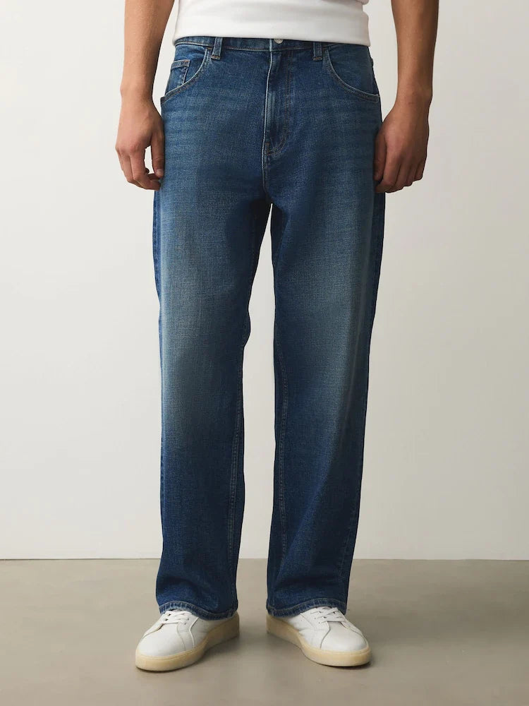 Mid Blue Crosshatch Baggy Fit Classic Stretch Jeans