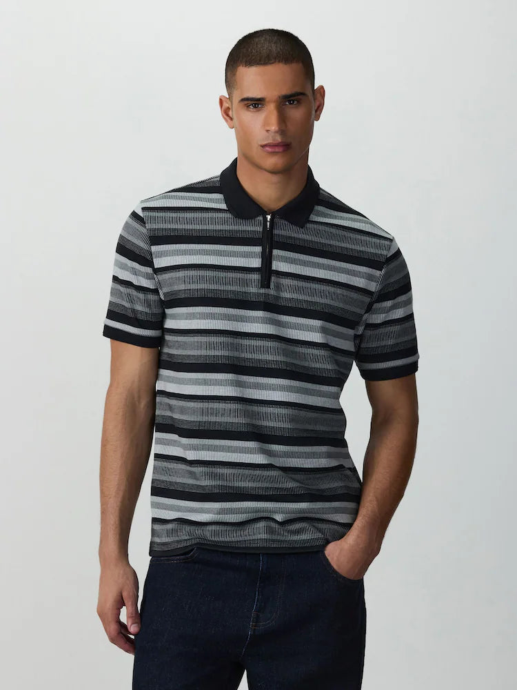 Mono Horizontal Striped Zip Neck Polo Shirt