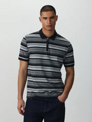 Mono Horizontal Striped Zip Neck Polo Shirt