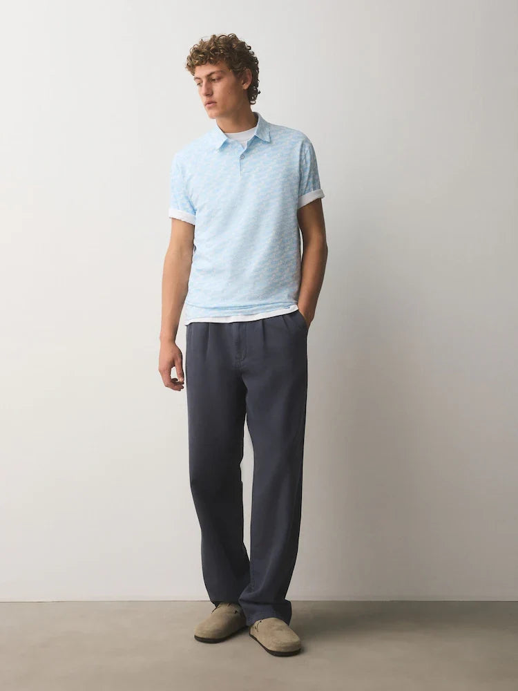 Blue Hokusai Wave Short Sleeve Button Neck Pattern Polo Shirt