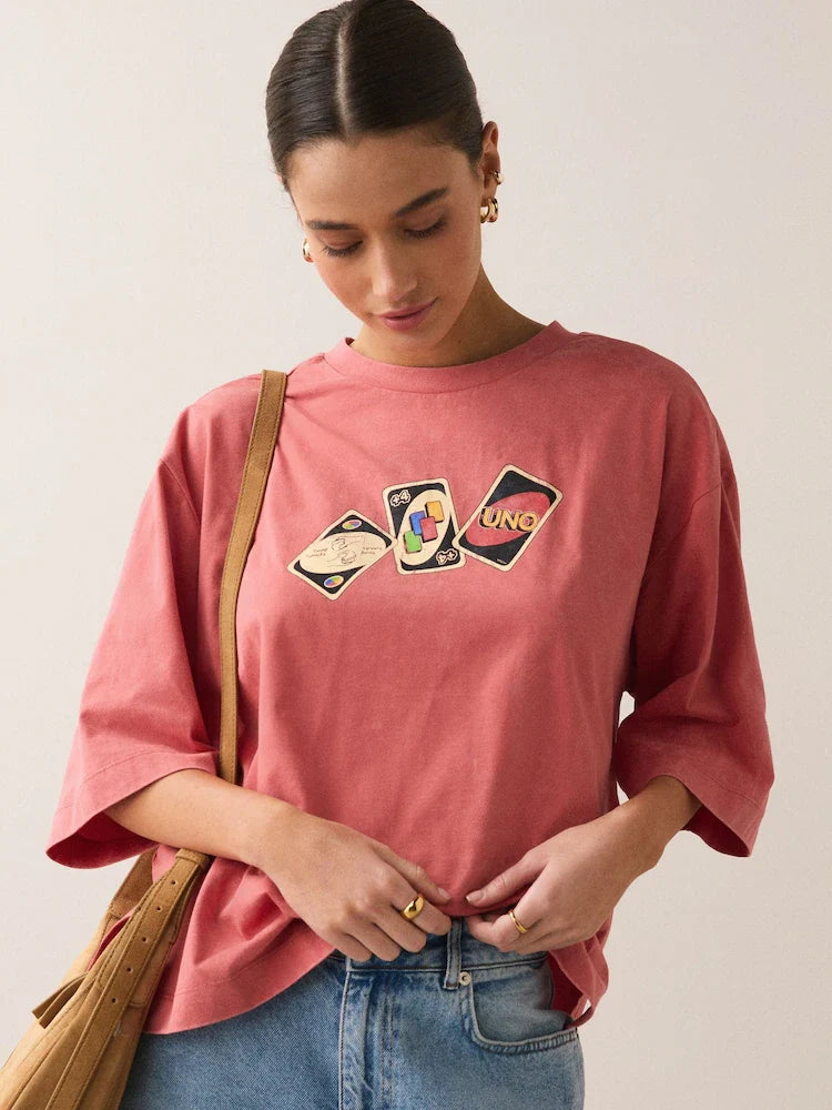 Coral Pink Uno Official License Relaxed Boxy Elbow Length Crew Neck T-Shirt