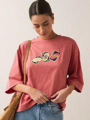 Coral Pink Uno Official License Relaxed Boxy Elbow Length Crew Neck T-Shirt