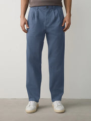 Pale Blue Relaxed Tapered Fit Twin Pleat Cotton Rich Stretch Chinos
