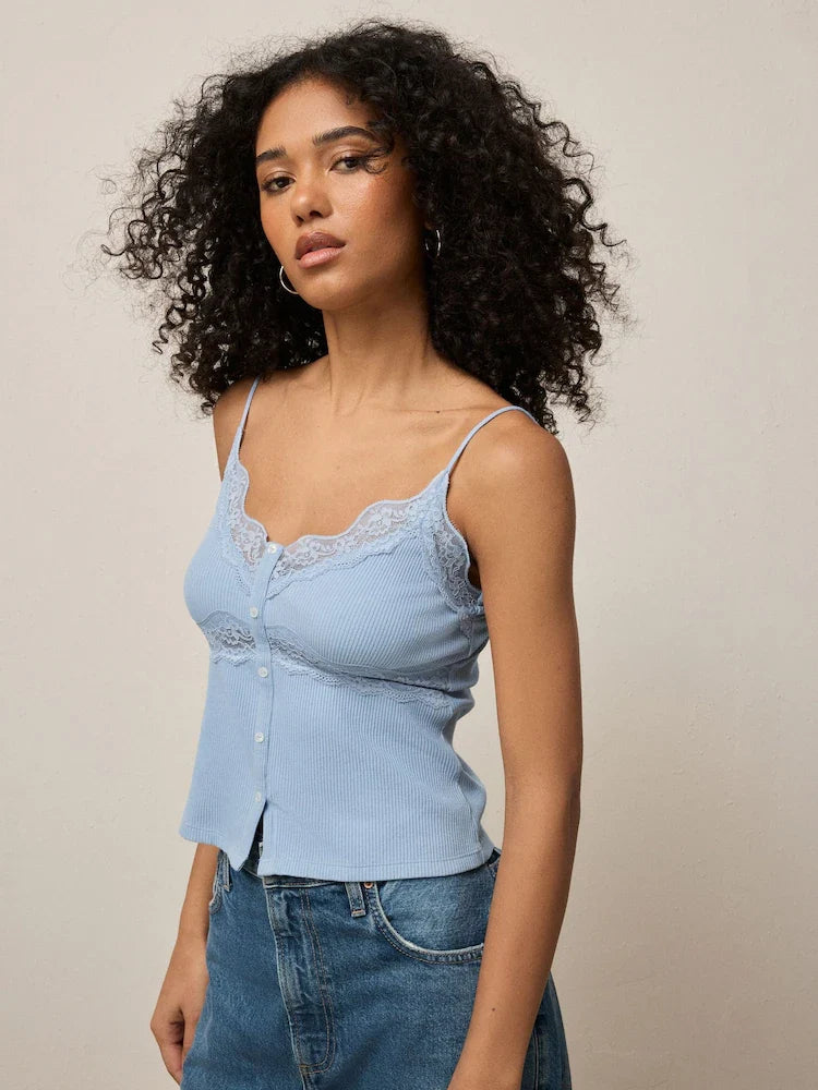 Blue V-Neck Ribbed Lace Trim Vest