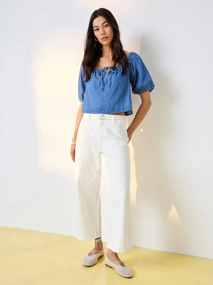 White Belted Wide Leg Cropped Jeans